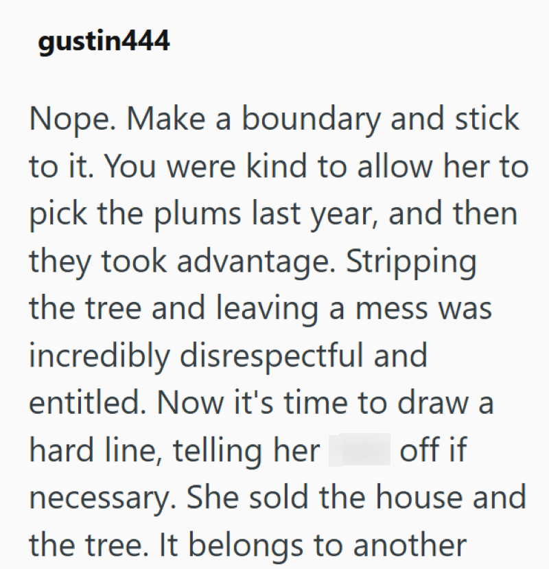 gustin444 Nope. Make a boundary and stick to it. You were kind to allow her to pick the plums last year, and then they took advantage. Stripping the tree and leaving a mess was incredibly disrespectful and entitled. Now it's time to draw a hard line, telling her off if necessary. She sold the house and the tree. It belongs to another