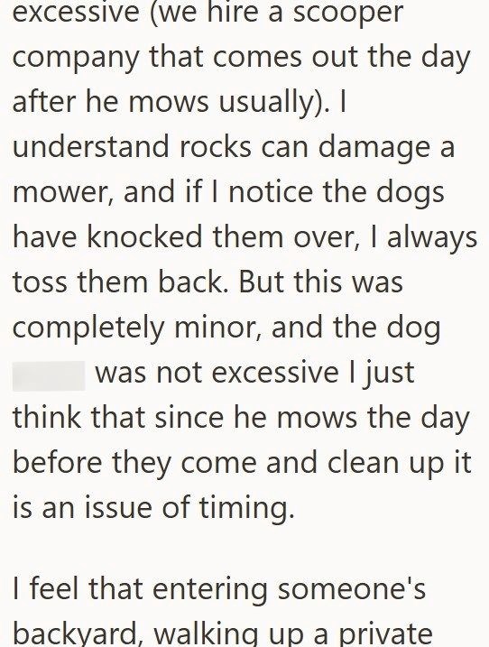 excessive (we hire a scooper company that comes out the day after he mows usually). I understand rocks can damage a mower, and if I notice the dogs have knocked them over, I always toss them back. But this was completely minor, and the dog was not excessive I just think that since he mows the day before they come and clean up it is an issue of timing. I feel that entering someone's backyard, walking up a private