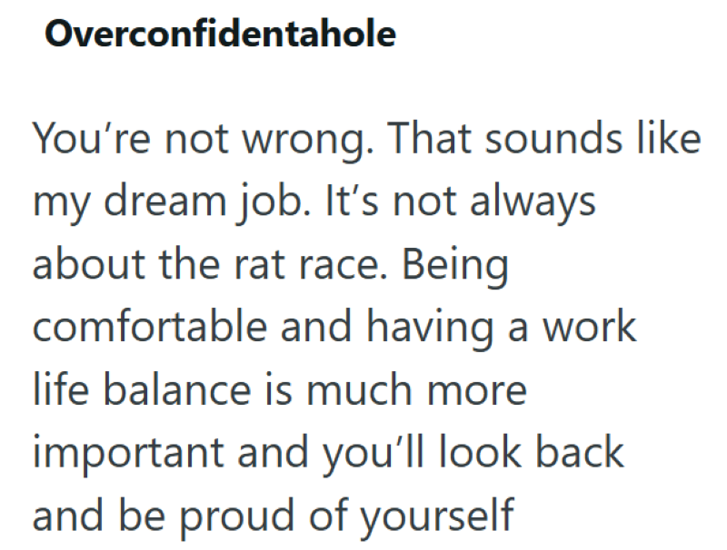 Overconfidentahole You're not wrong. That sounds like my dream job. It's not always about the rat race. Being comfortable and having a work life balance is much more important and you'll look back and be proud of yourself