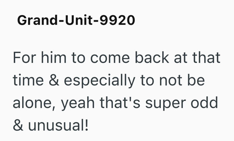 Grand-Unit-9920 For him to come back at that time & especially to not be alone, yeah that's super odd & unusual!