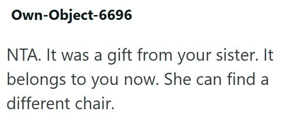 Own-Object-6696 NTA. It was a gift from your sister. It belongs to you now. She can find a different chair.