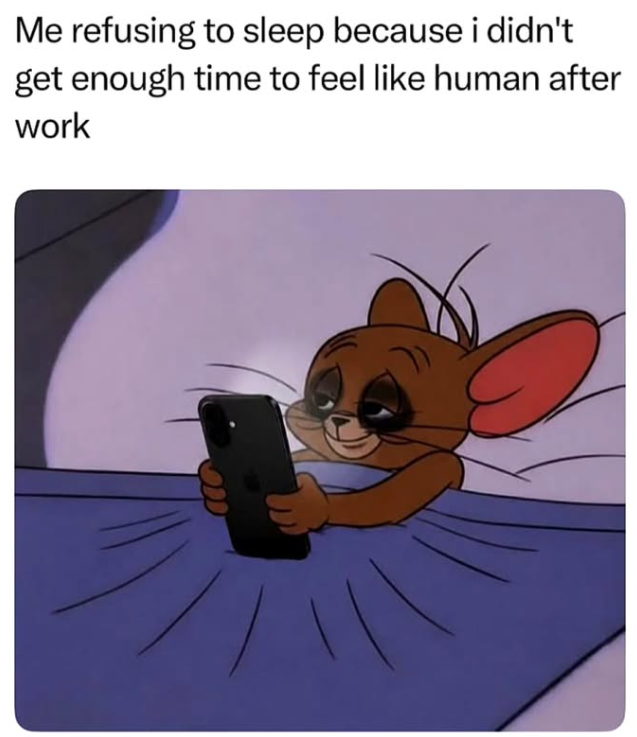 Me refusing to sleep because i didn't get enough time to feel like human after work