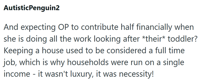 AutisticPenguin2 And expecting OP to contribute half financially when she is doing all the work looking after *their* toddler? Keeping a house used to be considered a full time job, which is why households were run on a single income - it wasn't luxury, it was necessity!
