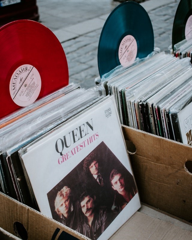 Vintage records, which this woman occasionally buys from the thrift store if she has some money left over from buying household necessities.