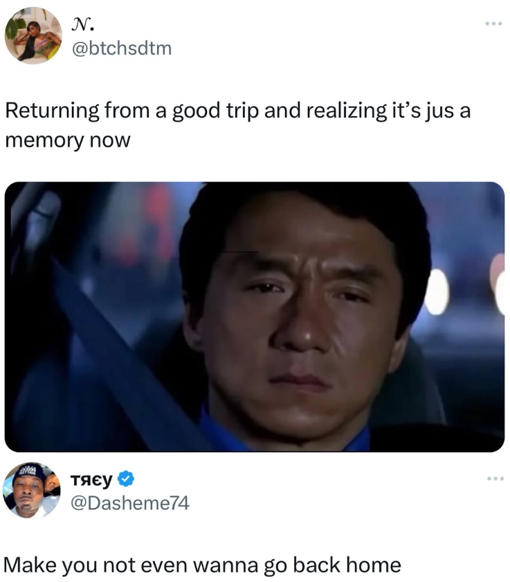 N. @btchsdtm Returning from a good trip and realizing it's jus a memory now тяєу @Dasheme74 Make you not even wanna go back home