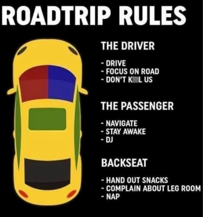 ROADTRIP RULES THE DRIVER -DRIVE - FOCUS ON ROAD - DON'T KL US THE PASSENGER NAVIGATE - STAY AWAKE - DJ BACKSEAT -HAND OUT SNACKS COMPLAIN ABOUT LEG ROOM - NAP