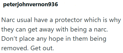 peterjohnvernon936 Narc usual have a protector which is why they can get away with being a narc. Don't place any hope in them being removed. Get out.