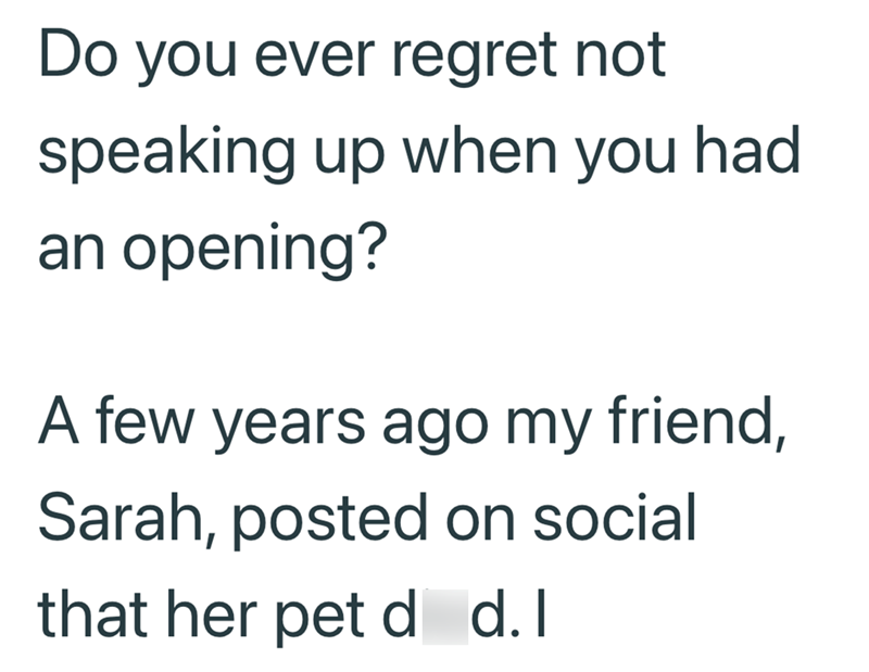 Do you ever regret not speaking up when you had an opening? A few years ago my friend, Sarah, posted on social that her pet d d. I