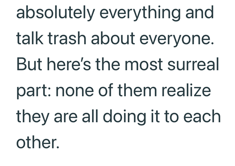 absolutely everything and talk trash about everyone. But here's the most surreal part: none of them realize they are all doing it to each other.