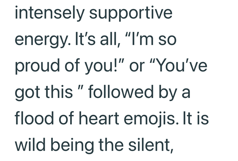 intensely supportive energy. It's all, "I'm so proud of you!" or "You've got this" followed by a flood of heart emojis. It is wild being the silent,