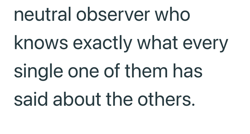 neutral observer who knows exactly what every single one of them has said about the others.