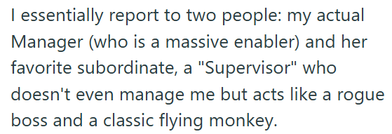I essentially report to two people: my actual Manager (who is a massive enabler) and her favorite subordinate, a "Supervisor" who doesn't even manage me but acts like a rogue boss and a classic flying monkey.