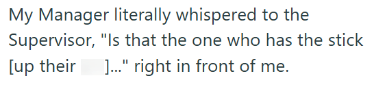 My Manager literally whispered to the Supervisor, "Is that the one who has the stick [up their ]..." right in front of me.