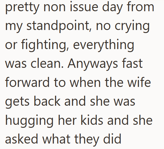 pretty non issue day from my standpoint, no crying or fighting, everything was clean. Anyways fast forward to when the wife gets back and she was hugging her kids and she asked what they did