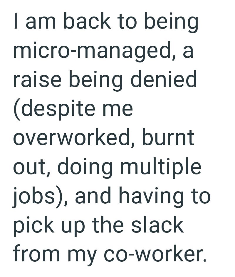 I am back to being micro-managed, a raise being denied (despite me overworked, burnt out, doing multiple jobs), and having to pick up the slack from my co-worker.