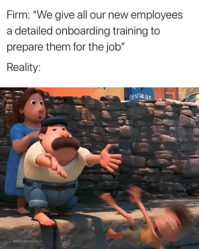 Firm: "We give all our new employees a detailed onboarding training to prepare them for the job" Reality: @WallStreetOasis DESCHIRI