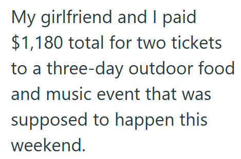 My girlfriend and I paid $1,180 total for two tickets to a three-day outdoor food and music event that was supposed to happen this weekend.