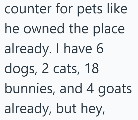 counter for pets like he owned the place already. I have 6 dogs, 2 cats, 18 bunnies, and 4 goats already, but hey,