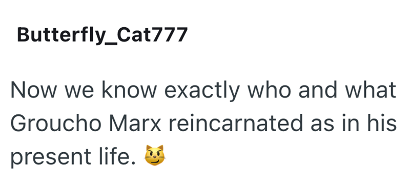 Butterfly_Cat777 Now we know exactly who and what Groucho Marx reincarnated as in his present life. ☑