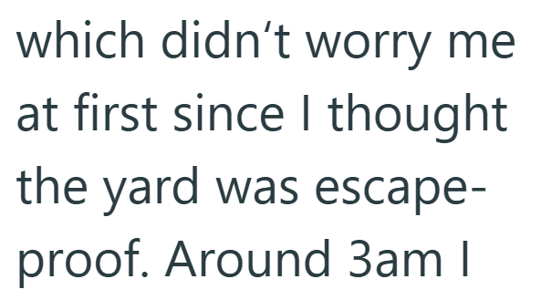 which didn't worry me at first since I thought the yard was escape- proof. Around 3am I
