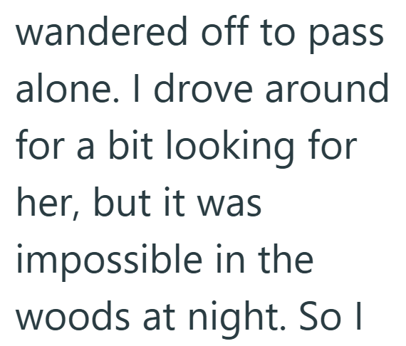 wandered off to pass alone. I drove around for a bit looking for her, but it was impossible in the woods at night. So I