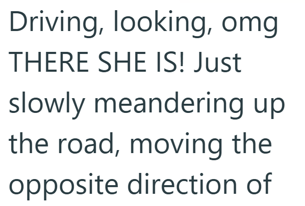 Driving, looking, omg THERE SHE IS! Just slowly meandering up the road, moving the opposite direction of