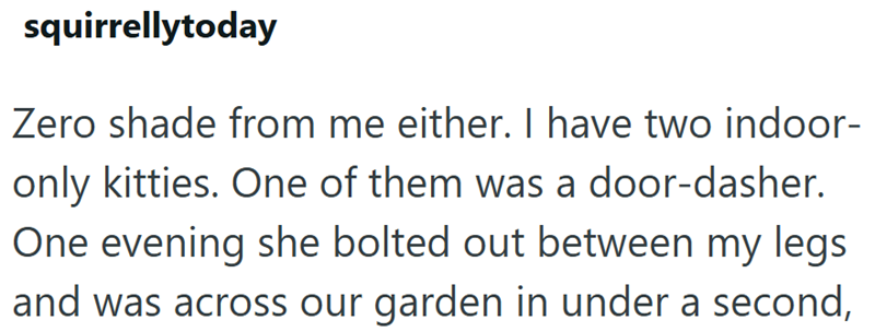 squirrellytoday Zero shade from me either. I have two indoor- only kitties. One of them was a door-dasher. One evening she bolted out between my legs and was across our garden in under a second,