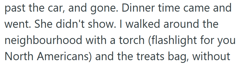 past the car, and gone. Dinner time came and went. She didn't show. I walked around the neighbourhood with a torch (flashlight for you North Americans) and the treats bag, without