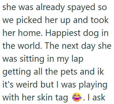 she was already spayed so we picked her up and took her home. Happiest dog in the world. The next day she was sitting in my lap getting all the pets and ik it's weird but I was playing with her skin tag. I ask
