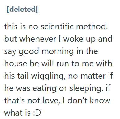 [deleted] this is no scientific method. but whenever I woke up and say good morning in the house he will run to me with his tail wiggling, no matter if he was eating or sleeping. if that's not love, I don't know what is :D