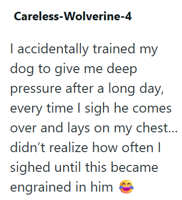 Careless-Wolverine-4 I accidentally trained my dog to give me deep pressure after a long day, every time I sigh he comes over and lays on my chest... didn't realize how often I sighed until this became engrained in him