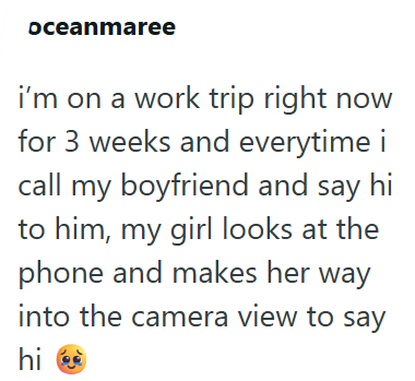 oceanmaree i'm on a work trip right now for 3 weeks and everytime i call my boyfriend and say hi to him, my girl looks at the phone and makes her way into the camera view to say hi