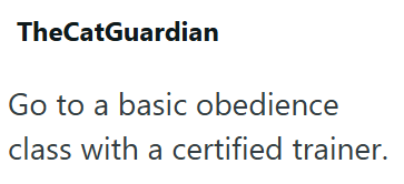 TheCatGuardian Go to a basic obedience class with a certified trainer.