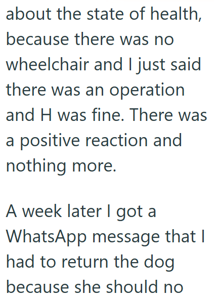 about the state of health, because there was no wheelchair and I just said there was an operation and H was fine. There was a positive reaction and nothing more. A week later I got a WhatsApp message that I had to return the dog because she should no