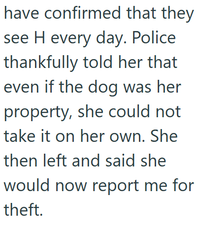 have confirmed that they see H every day. Police thankfully told her that even if the dog was her property, she could not take it on her own. She then left and said she would now report me for theft.