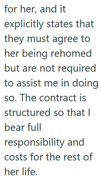 for her, and it explicitly states that they must agree to her being rehomed but are not required to assist me in doing so. The contract is structured so that I bear full responsibility and costs for the rest of her life.