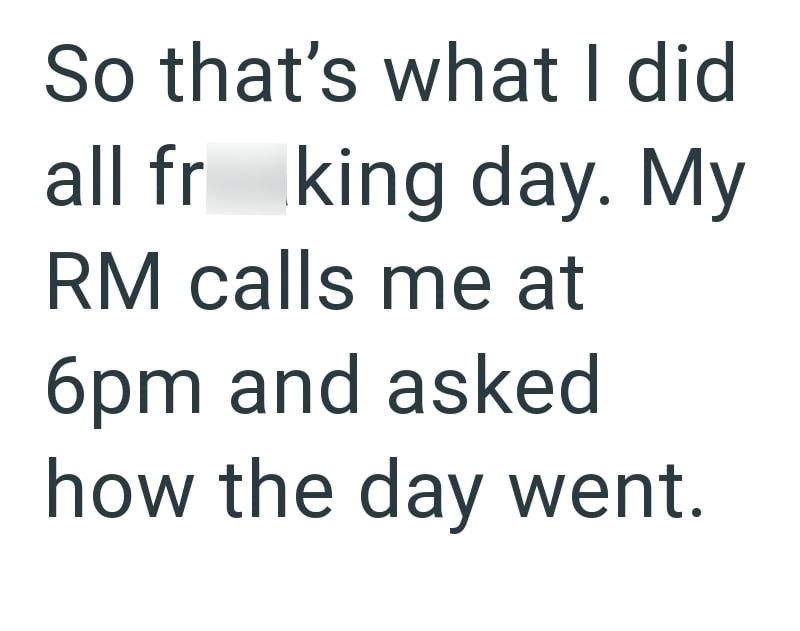 So that's what I did all fr king day. My RM calls me at 6pm and asked how the day went.