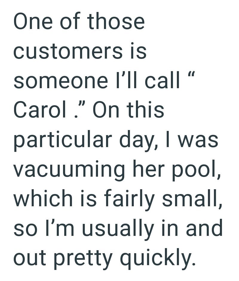 One of those customers is someone I'll call " Carol." On this particular day, I was vacuuming her pool, which is fairly small, so I'm usually in and out pretty quickly.