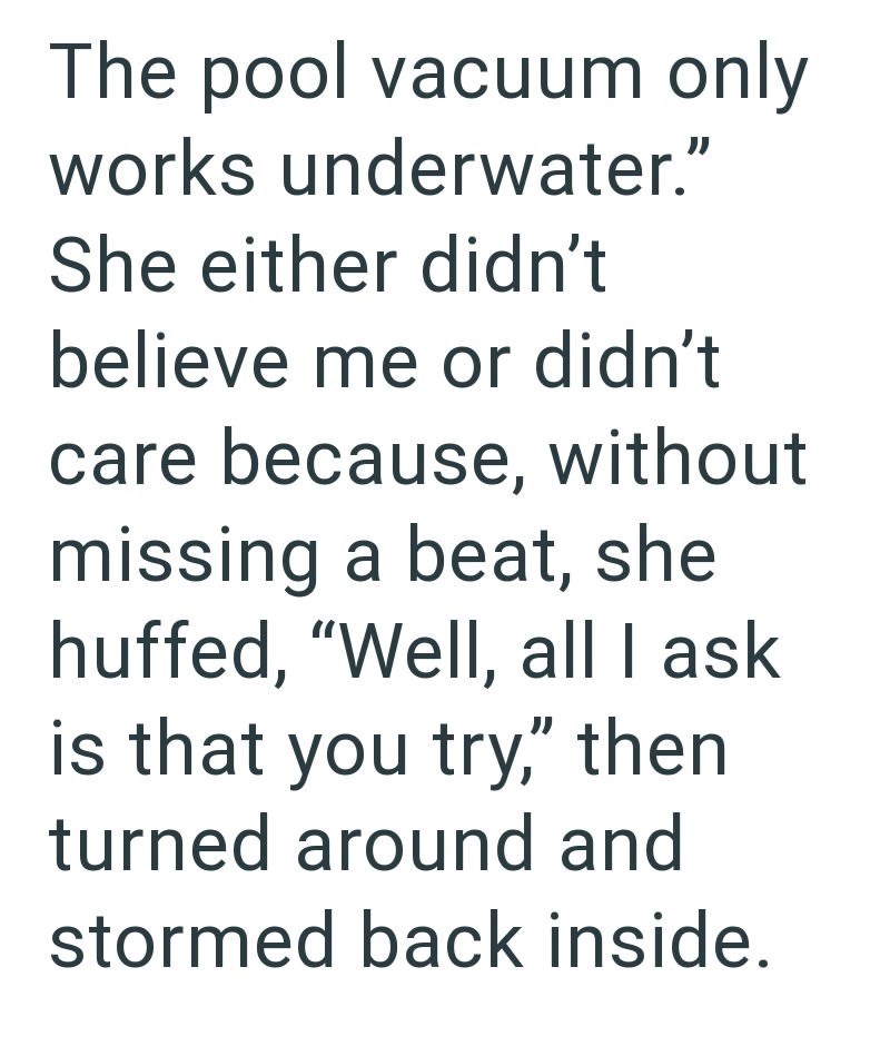 The pool vacuum only works underwater." She either didn't believe me or didn't care because, without missing a beat, she huffed, "Well, all I ask is that you try," then turned around and stormed back inside.