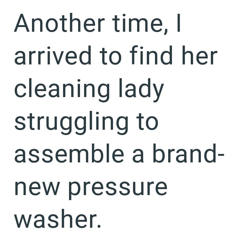 Another time, I arrived to find her cleaning lady struggling to assemble a brand- new pressure washer.