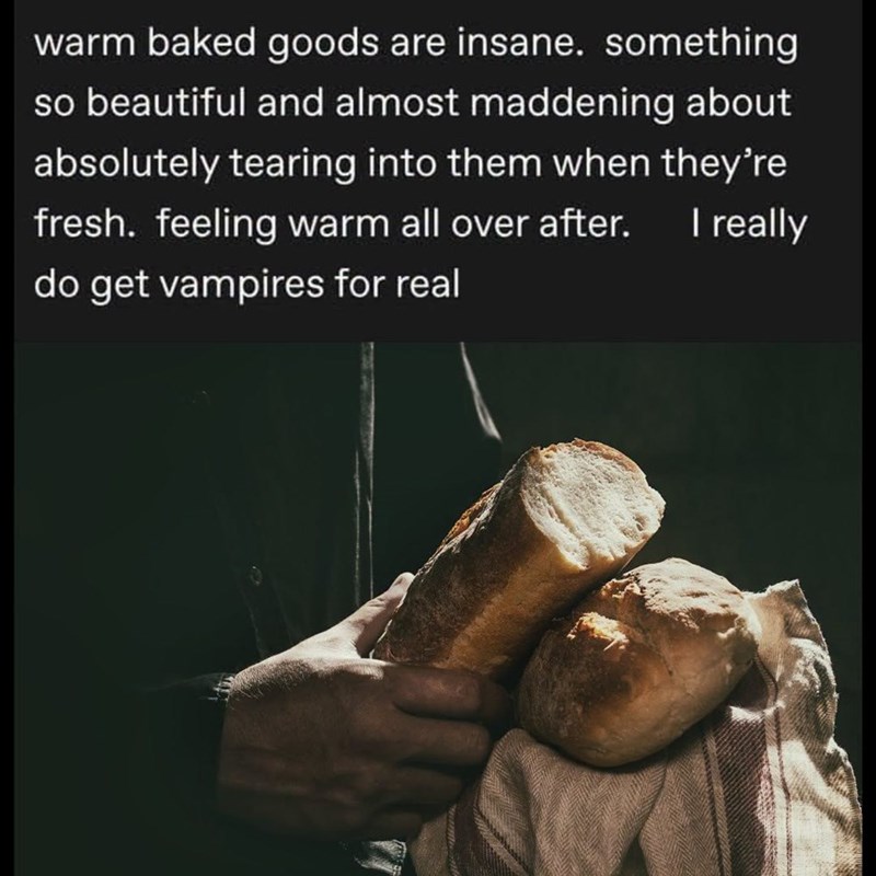 warm baked goods are insane. something so beautiful and almost maddening about absolutely tearing into them when they're fresh. feeling warm all over after. I really do get vampires for real