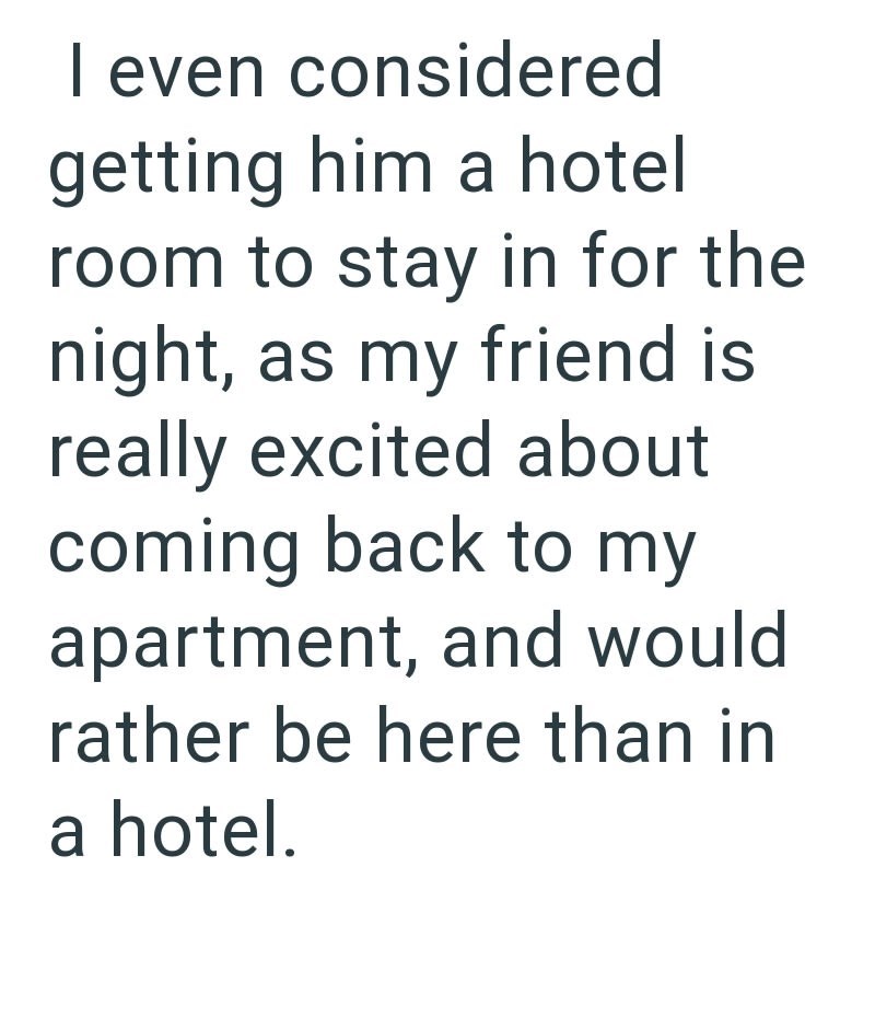 I even considered getting him a hotel room to stay in for the night, as my friend is really excited about coming back to my apartment, and would rather be here than in a hotel.