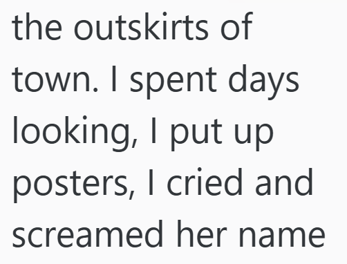 the outskirts of town. I spent days looking, I put up posters, I cried and screamed her name