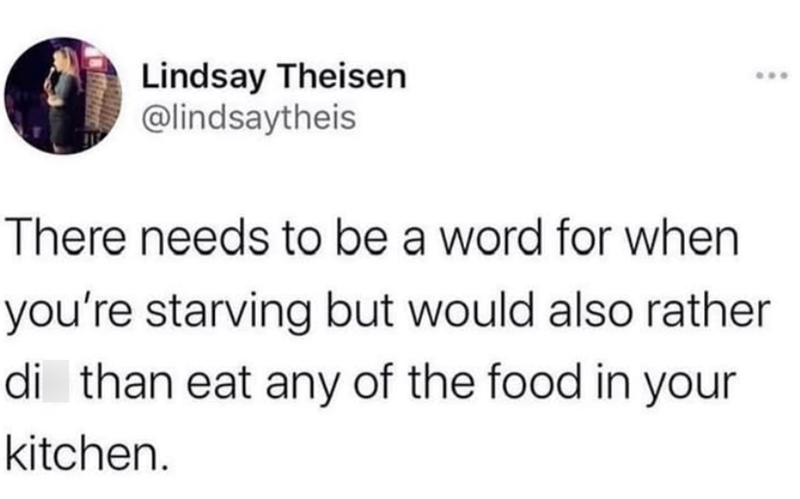 Lindsay Theisen @lindsaytheis There needs to be a word for when you're starving but would also rather die than eat any of the food in your kitchen.