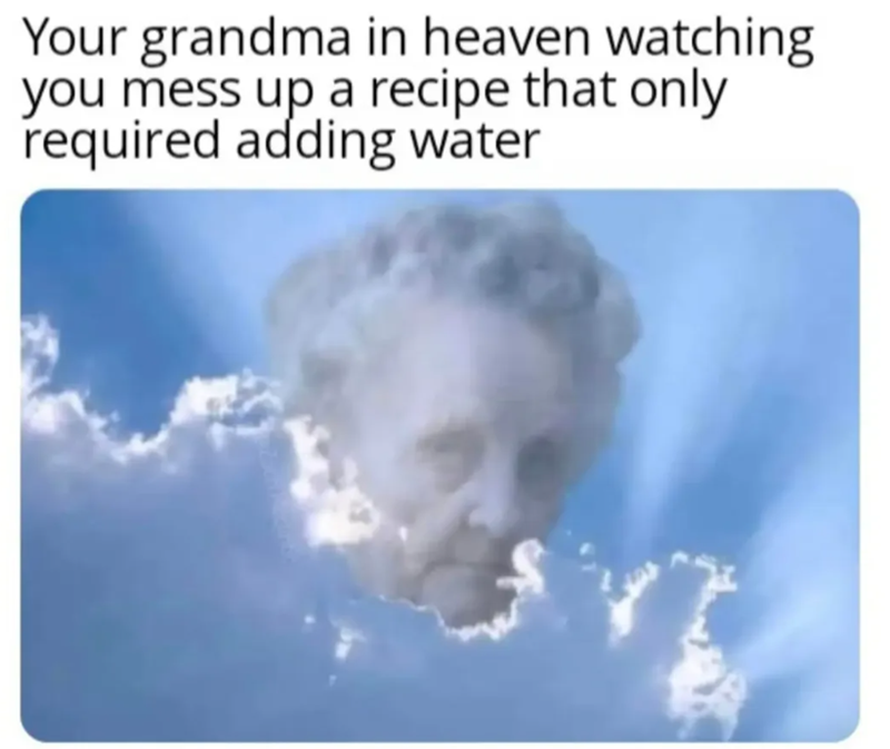 Your grandma in heaven watching you mess up a recipe that only required adding water