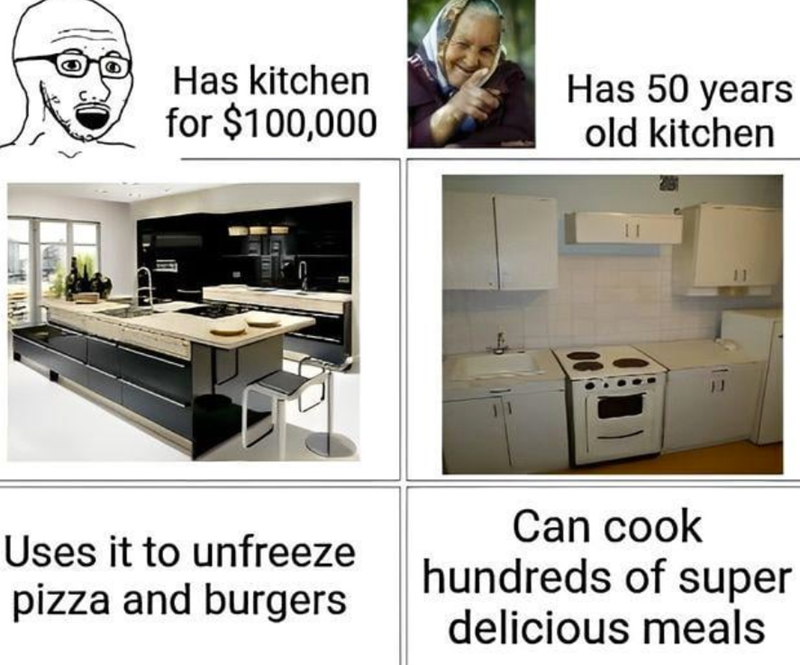 Has kitchen for $100,000 Has 50 years old kitchen Uses it to unfreeze pizza and burgers 11 Can cook hundreds of super delicious meals