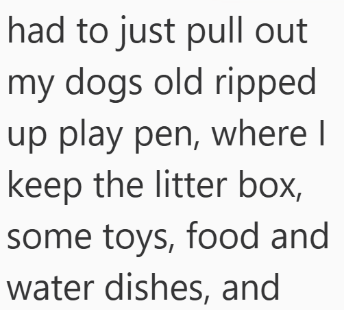 had to just pull out my dogs old ripped up play pen, where I keep the litter box, some toys, food and water dishes, and
