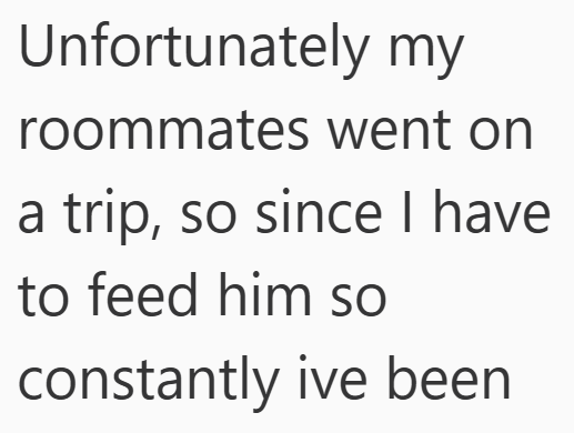 Unfortunately my roommates went on a trip, so since I have to feed him so constantly ive been