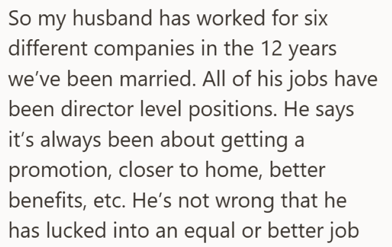 So my husband has worked for six different companies in the 12 years we've been married. All of his jobs have been director level positions. He says it's always been about getting a promotion, closer to home, better benefits, etc. He's not wrong that he has lucked into an equal or better job