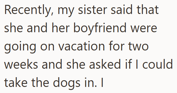 Recently, my sister said that she and her boyfriend were going on vacation for two weeks and she asked if I could take the dogs in. I